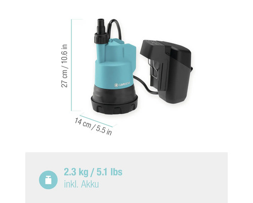 GARDENA 2000/2 18V (Power for All) accu-aangedreven dompelpomp voor schoon water inclusief accu en lader
