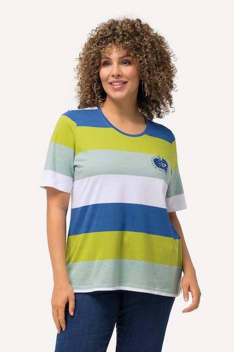 T-Shirt, Ringel, Stickerei, Rundhals, Halbarm