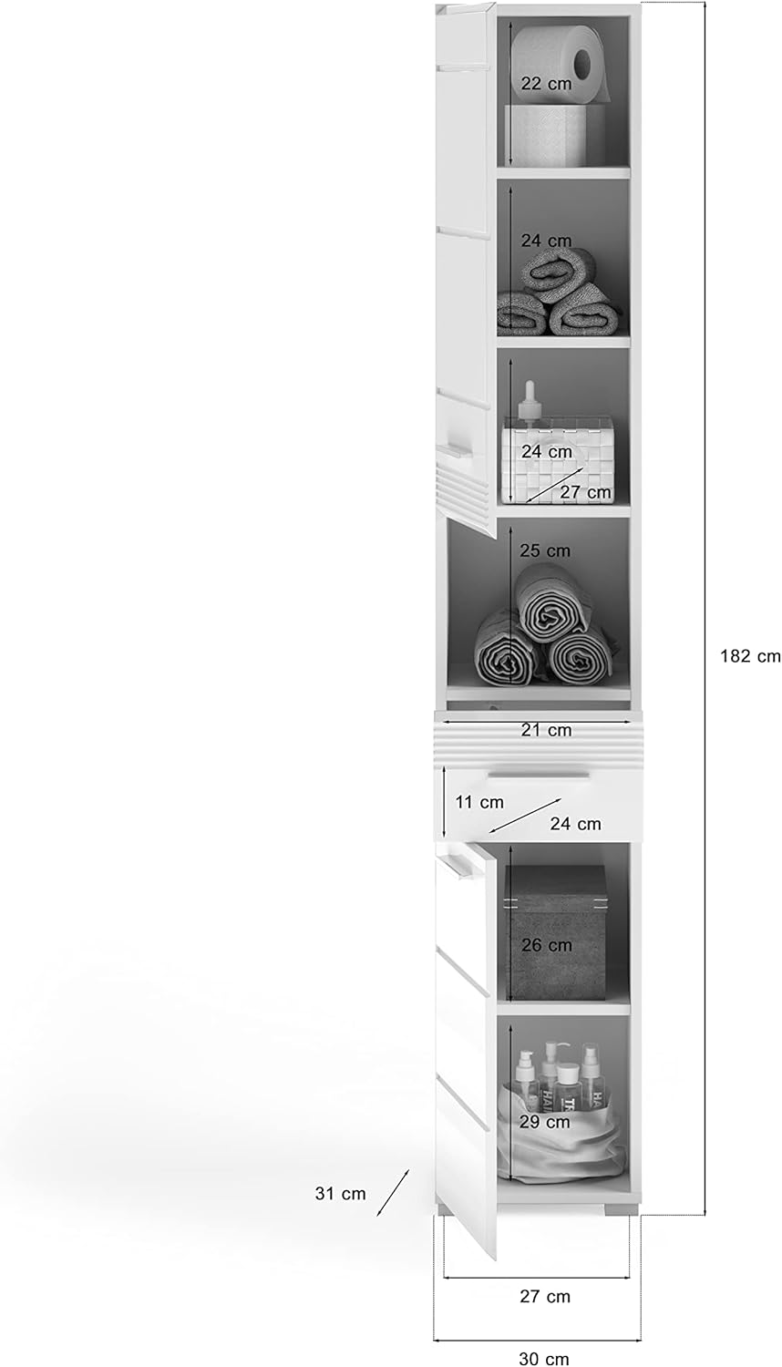 xonox.home - Hochschrank Linus 30x182x31 cm in Front weiß Hochglanz Korpus weiß - Badezimmer Badschrank schmaler Badezimmerschrank - modern, platzsparend und funktional
