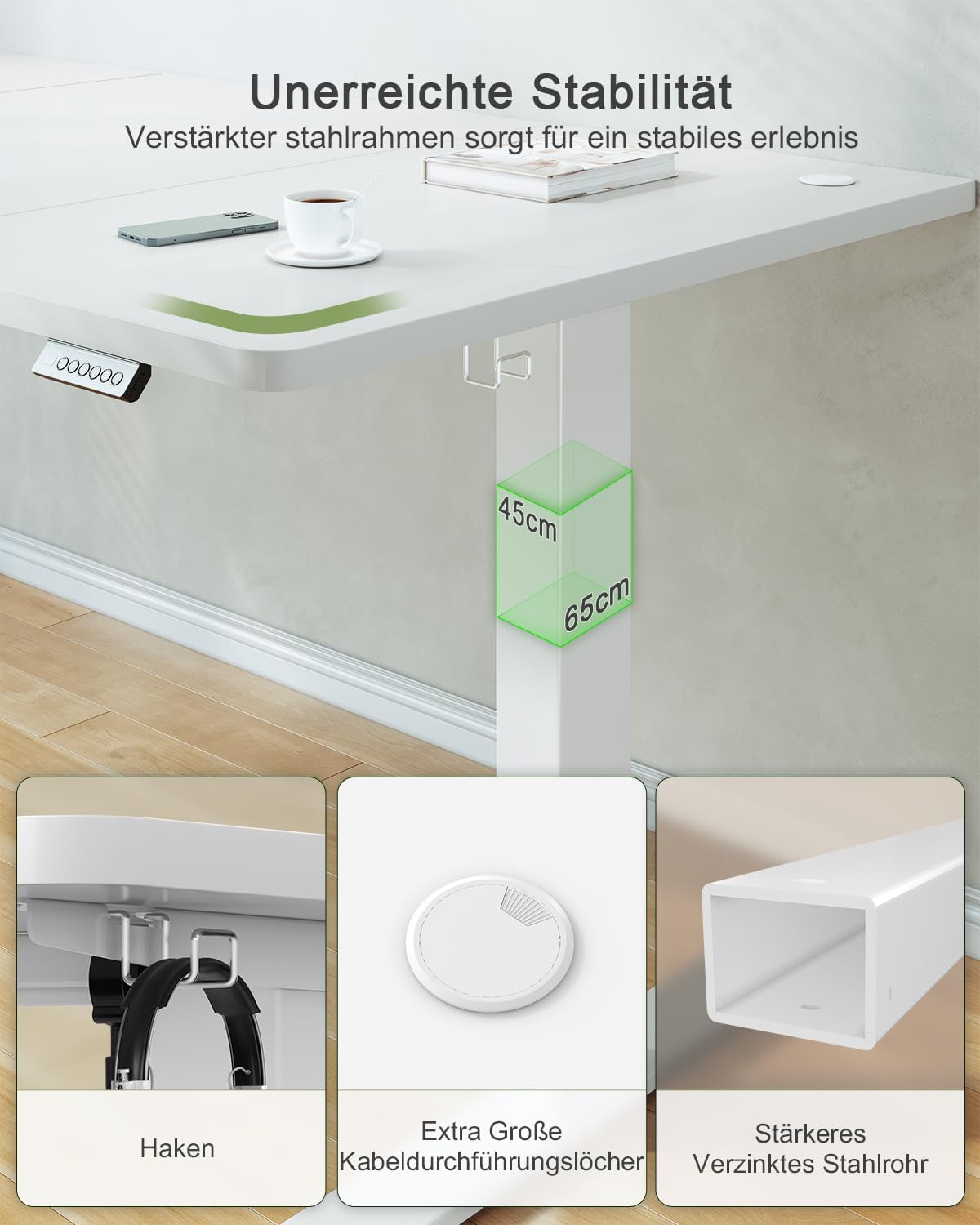 JUMMICO Höhenverstellbarer Schreibtisch mit USB-Ladeanschluss 160 x 70 cm, Schreibtisch Höhenverstellbar Elektrisch, Steh-Sitz Tisch Stehpult Verstellbarer Computertisch,Standing Desk,Weiß
