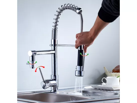 Mitigeur Cuisine avec Douchette Extractible Chromé,Robinet évier Moderne Laiton,Rotatif 360°,Robinetterie Rétractable,Robinet Cuisine 2 Jets