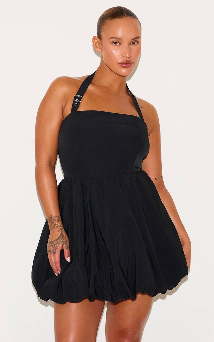 Noir Robe Mini Bouffante À Col Licou Avec Détails De Boucles Grande Taille