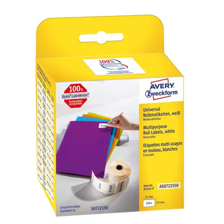 Avery Zweckform AS0722550 Rollenetiketten Etiketten ablösbar 19 x 51 mm, 1 Rolle/500 Etiketten, weiß