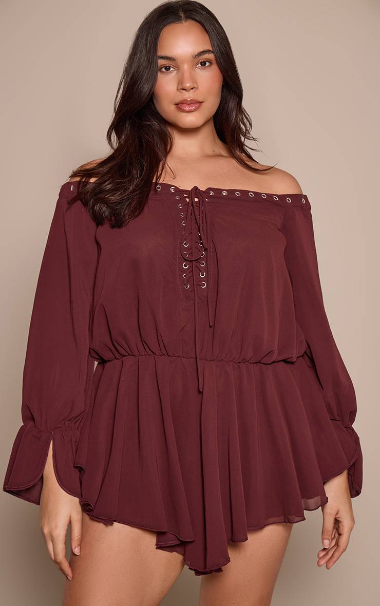 Prune Combi-short Grande Taille En Mousseline À Manches Longues Col Bardot Et Coupe Fluide