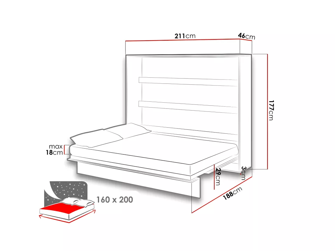Lenart Lit escamotable MATELAS inclus Horizontal 160x200cm Chêne artisan Lit Rabattable