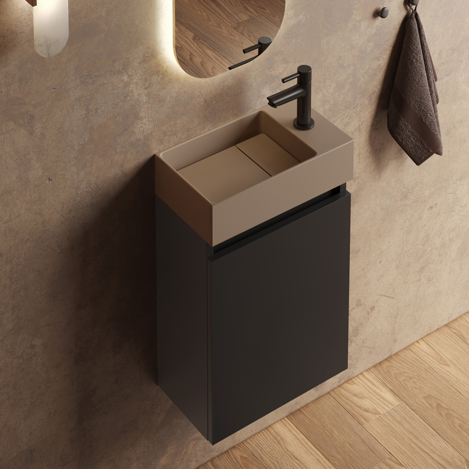 Fontana Itsie toiletmeubel mat zwart 40cm met fontein in mat taupe