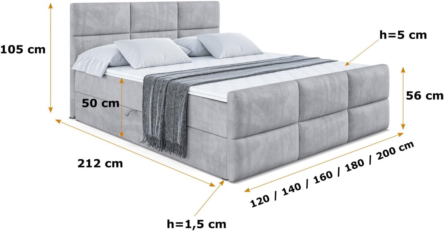 ALTDECOR Boxspringbett mit Matratze und Lattenrost, Boxbett, Topper, Fußteil, Polsterbett mit Bettkasten, Bett mit Stauraum H3-Matratze, Springboxbett - Ohio-Z - 140x200 - Grau Monolith 84