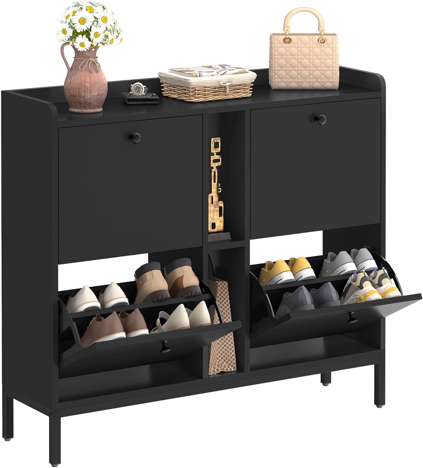 YITAHOME Schuhschrank Schmal mit 4 Klappen, 108 x 27.5 x 95.5 cm für 16 Paar Schuhe mit 2 Offene Regale, Schuhschrank Schwarz, Schuhkipper, Schrank Flur Schuhkommode im Flur, Platzsparend