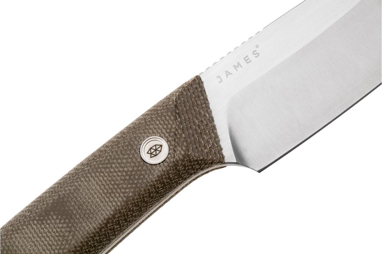 The James Brand The Hell Gap stainless   od green micarta vaststaand mes