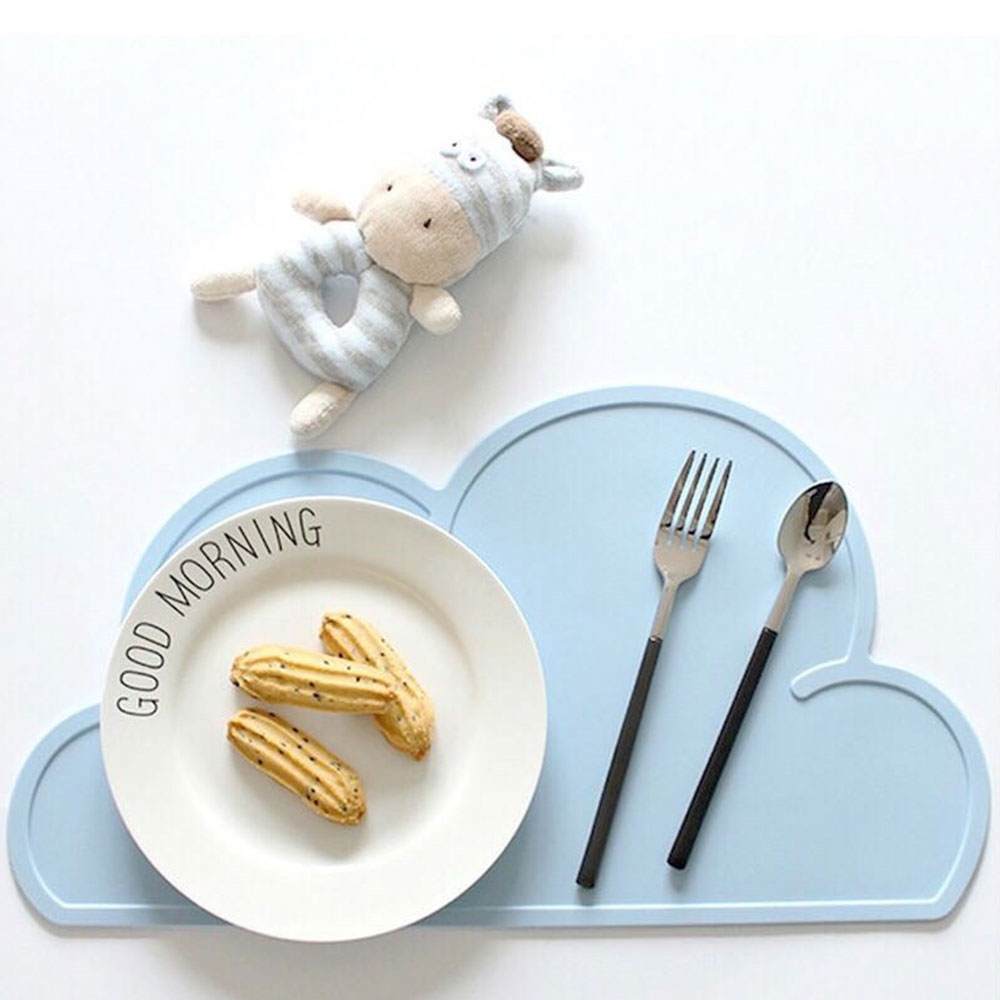 (480x270x21mm) Rutschfeste Kinder Silikon Tischunterlage Platzdeckchen Untersetzer Abwaschbar im Wolken Design - Hellblau