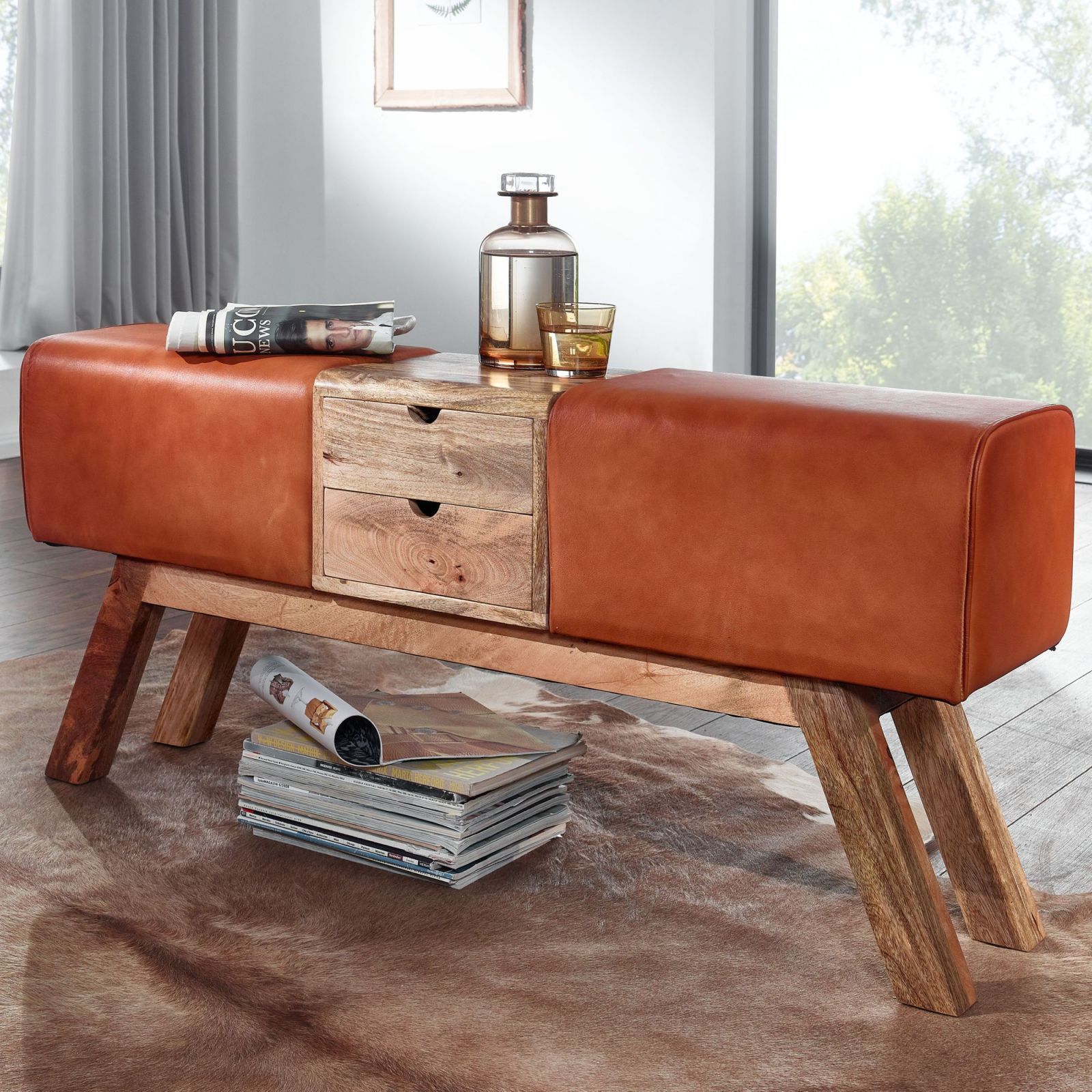 Sitzbank - braun - Mango massiv - Echtleder - 120 cm