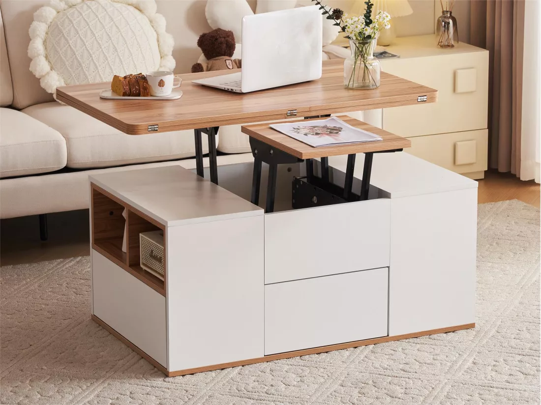 Table basse - plateau relevable - 2 niches & 3 tiroirs - bois panneaux de particules - chêne et blanc
