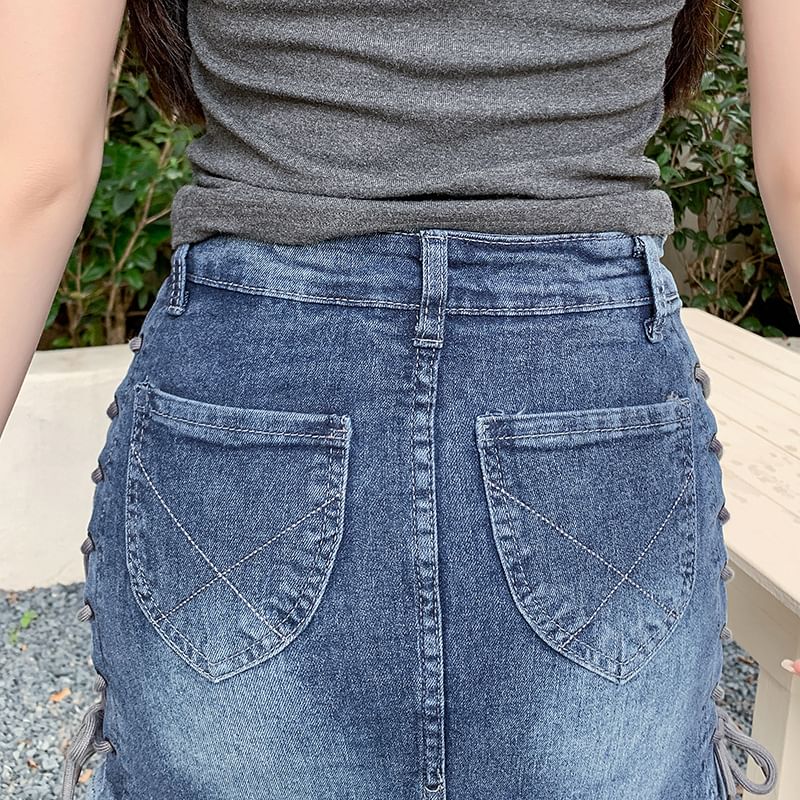 Bolgivy - Set: Hoge taille denim mini-kokerrok + beenwarmers