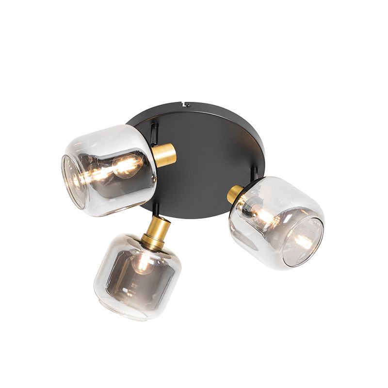 Plafondspot zwart met goud met smoke glas 3-lichts - Zuzanna