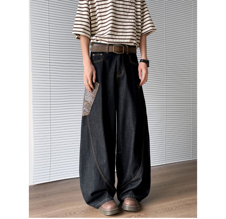 Filmas - Mid Rise Snakeskin Print Panel Washed Wide Leg Jeans