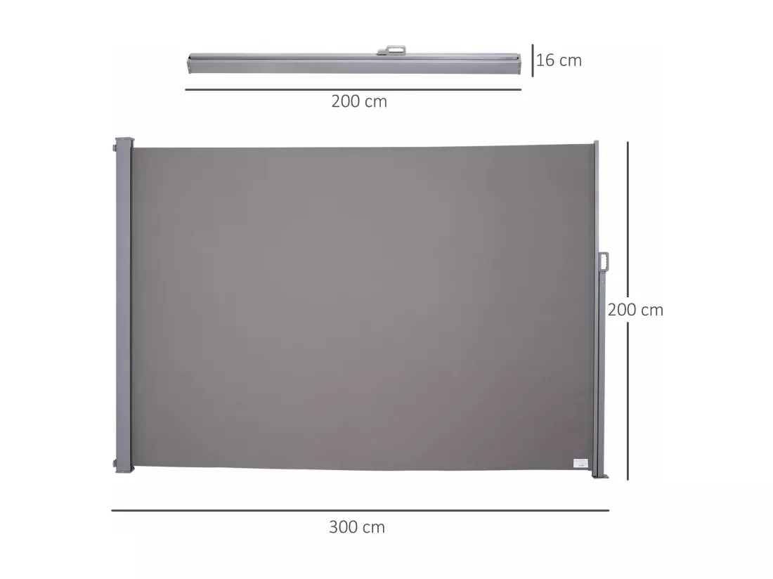 Store latéral brise-vue paravent rétractable dim. 3L x 2H m alu. polyester anti-UV haute densité 280 g/m² gris
