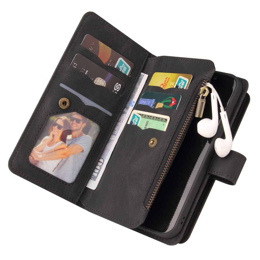 iPhone 14 Leder Wallet Etui Tasche mit 13 Kartenfächern   Münzfach - Schwarz