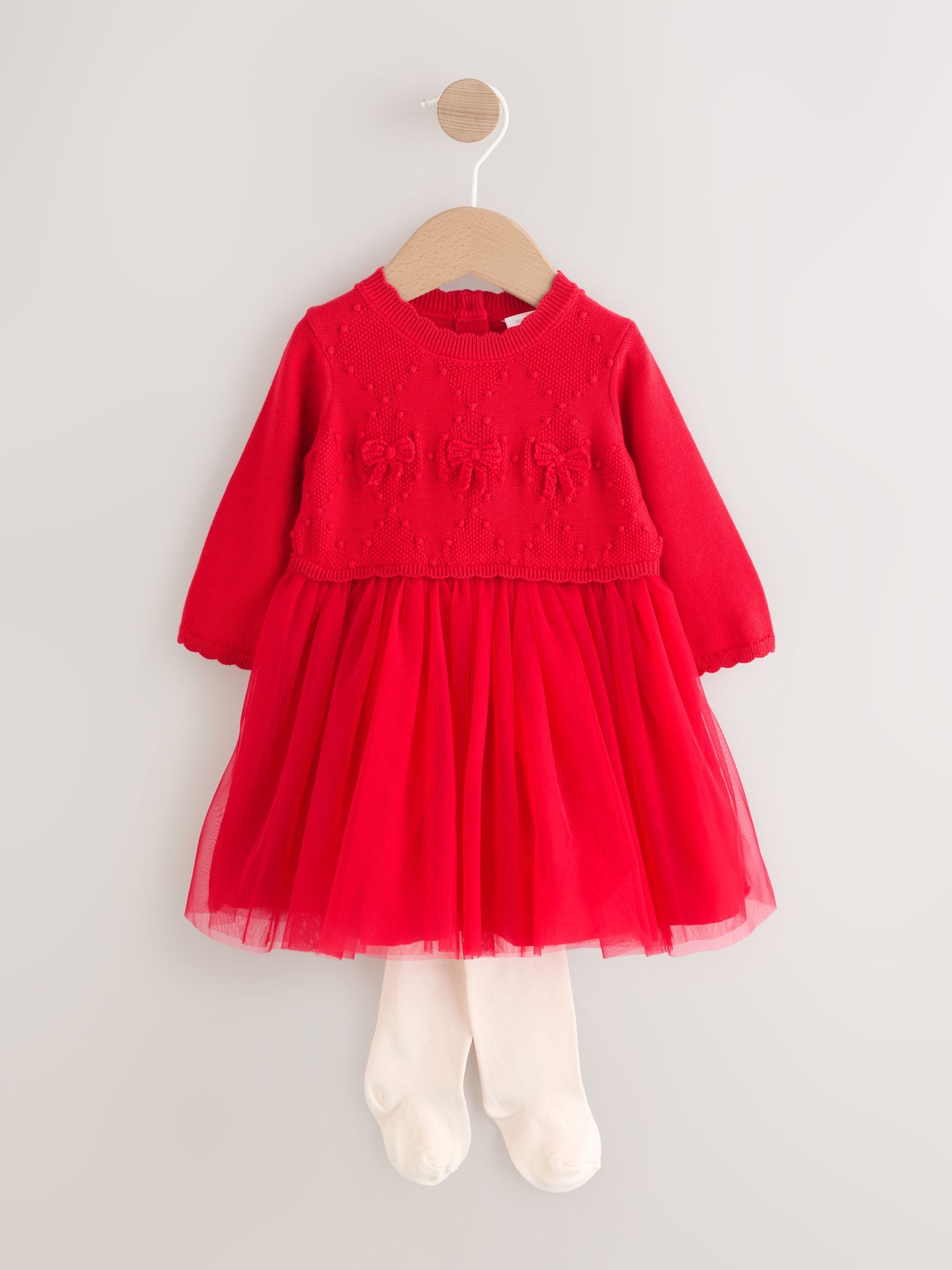 Rood - Twofer Gebreide Mesh Baby Jurk en Panty's 2 Pieces Set (0mths-2yrs)