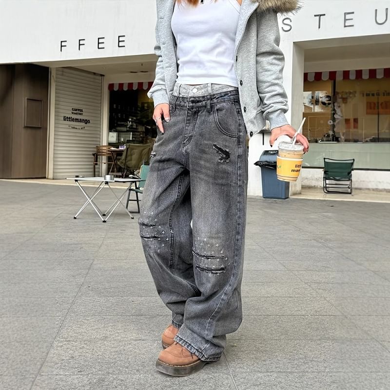 GRAYCIOUS - Mock Two-Piece Mid Rise Washed Distressed Wide Leg Jeans