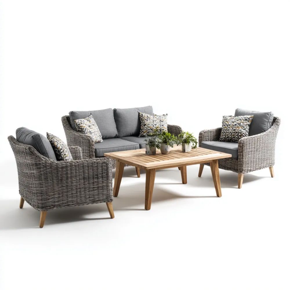 Garten-Sofaset Rattan 3-Sitzer 180x80x85 cm + 2 Sessel 90x85x85 cm – H