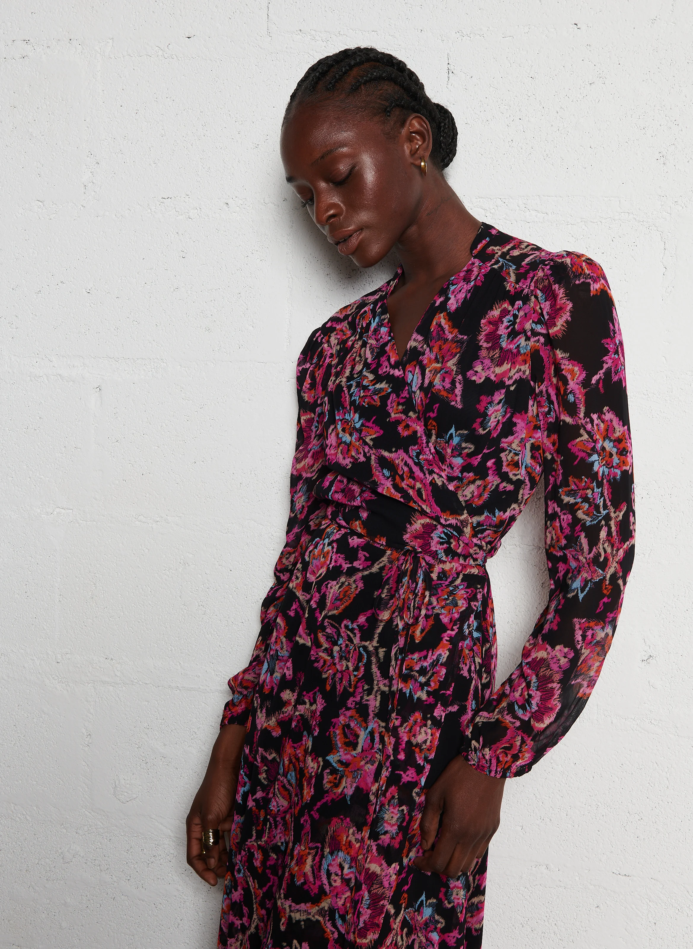 RONIA - Robe longue col V imprimée | Noir