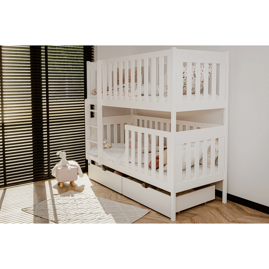 Kids Collective Hochbett 80x180 | 90x200 Etagenbett umbaubar in 2 Einzelbetten, Schubladen weiß mit 2 Matratzen