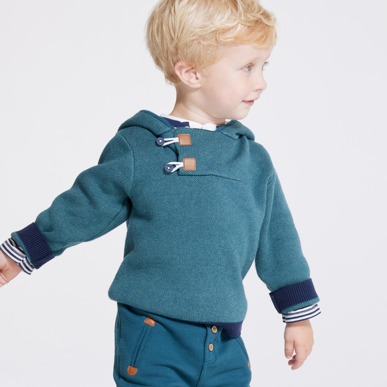 Pull col boutonné à capuche vert bébé garçon