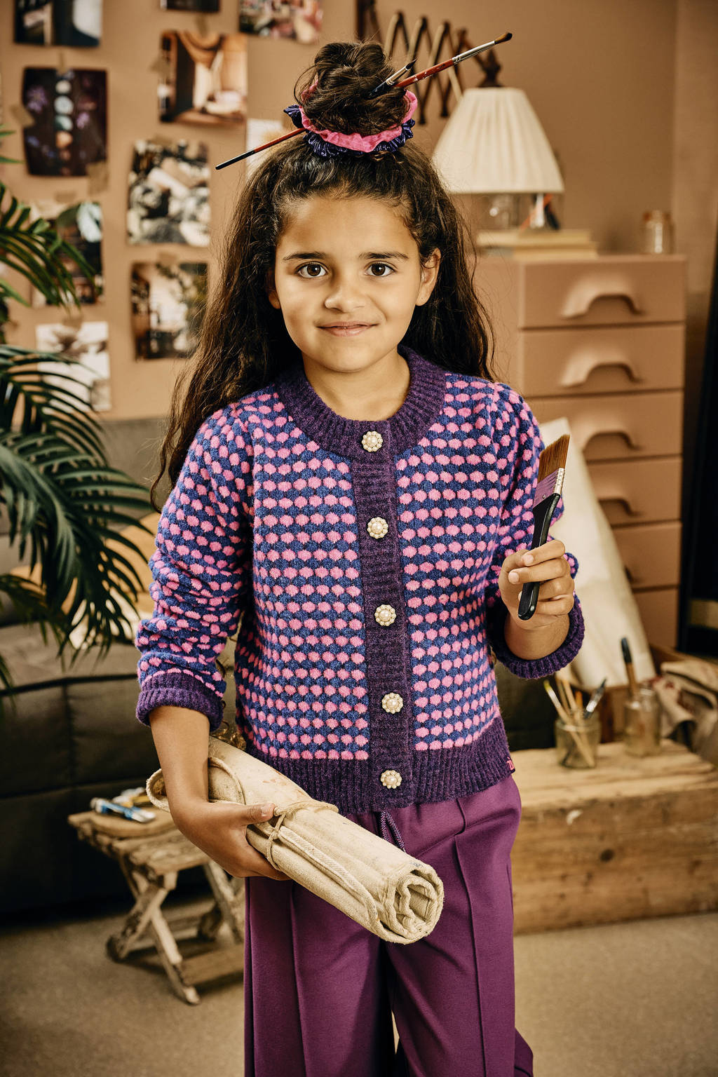 Z8 gebreid vest met all over print paars/roze
