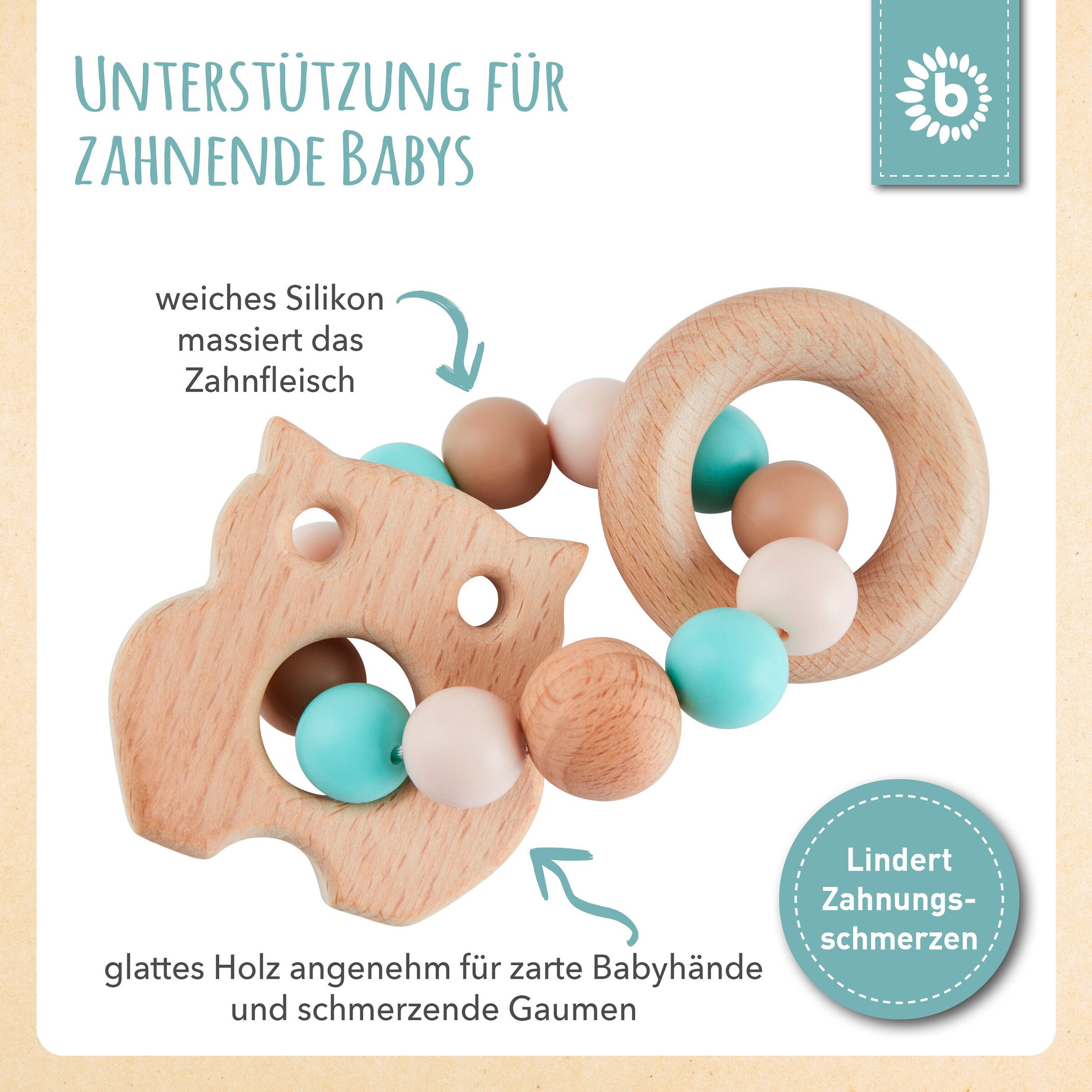 Bieco Greifling Holz Natur mit Silikon Kugel Eule - ab Geburt Blau