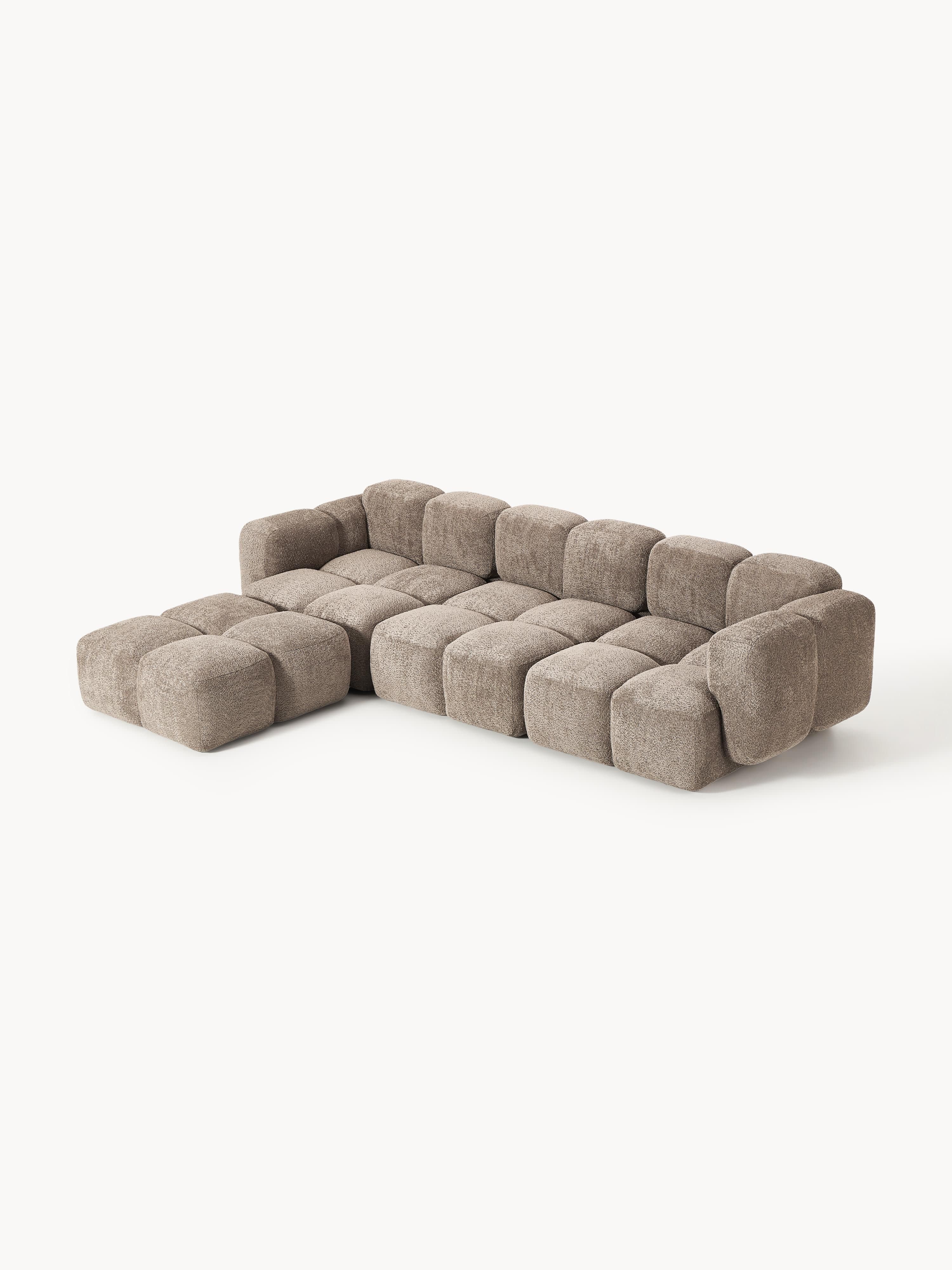 Modulaire bank Tayla (4-zits) van teddy bouclé met poef (links/rechts)