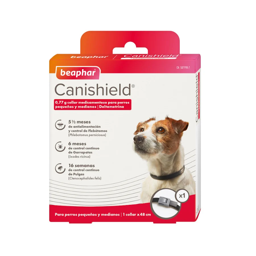 Coleira antipulgas e carrapatos Beaphar Canishield para cães de pequeno e médio porte.