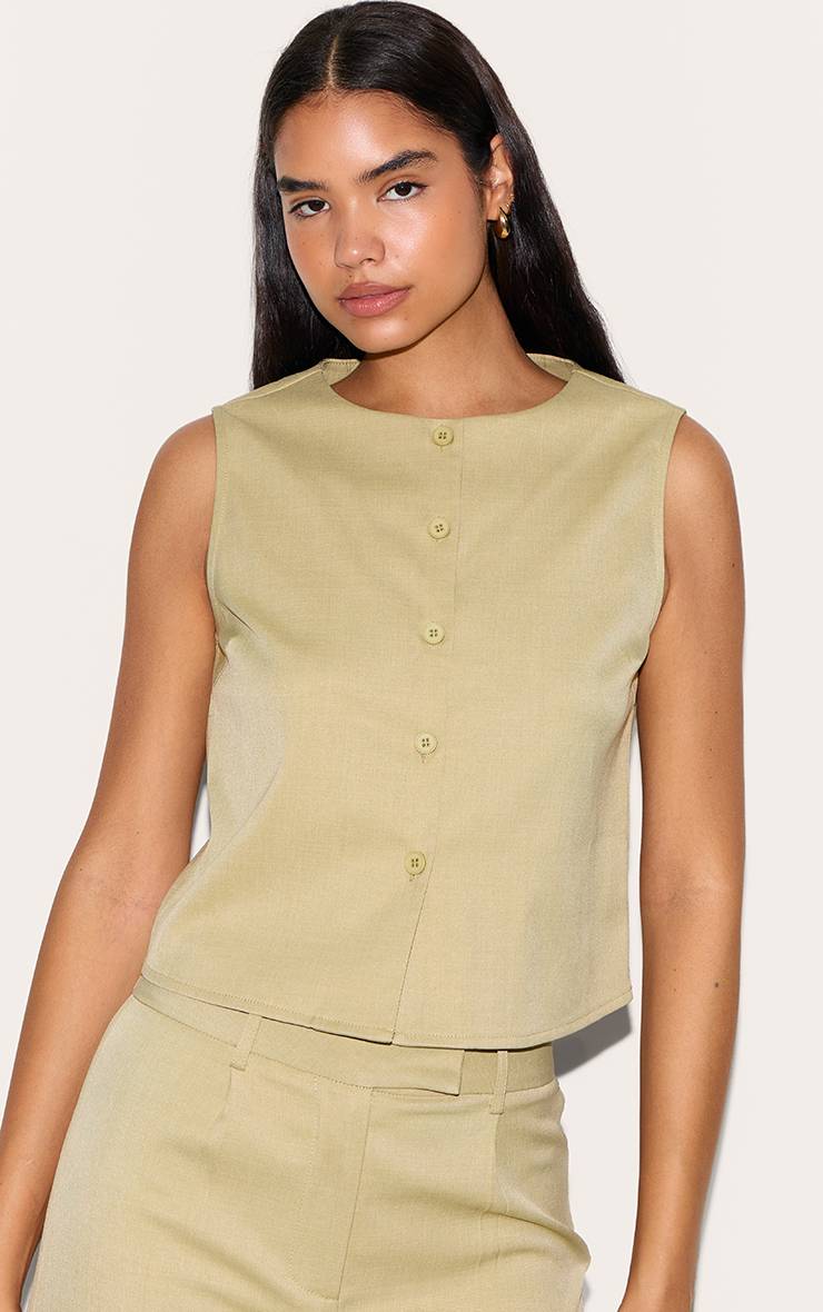 Gris Argile Gilet Sans Manches Ajusté Boutonné Court Tall