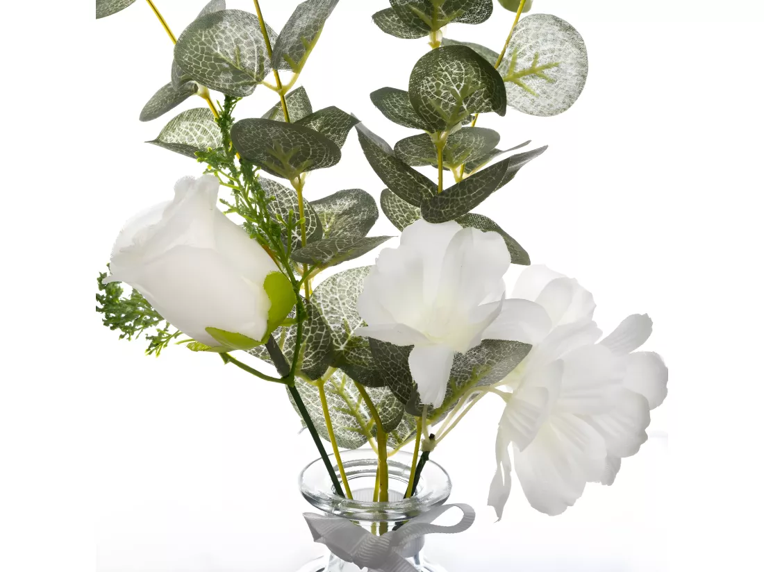Composition florale artificielle Eucalyptus et Fleurs Vase en Verre H 41 cm