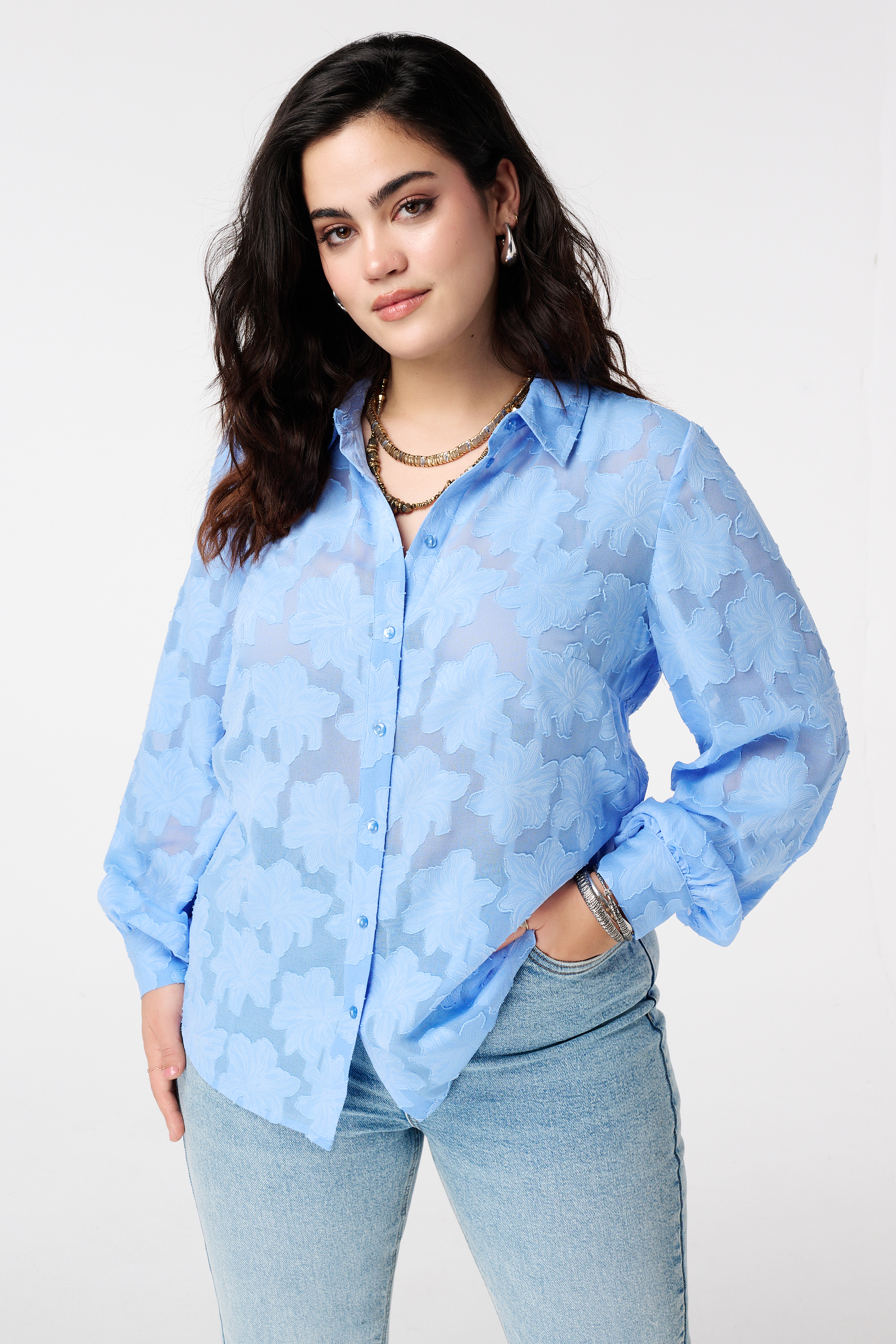 Sheer blouse met bloemen structuur blauw