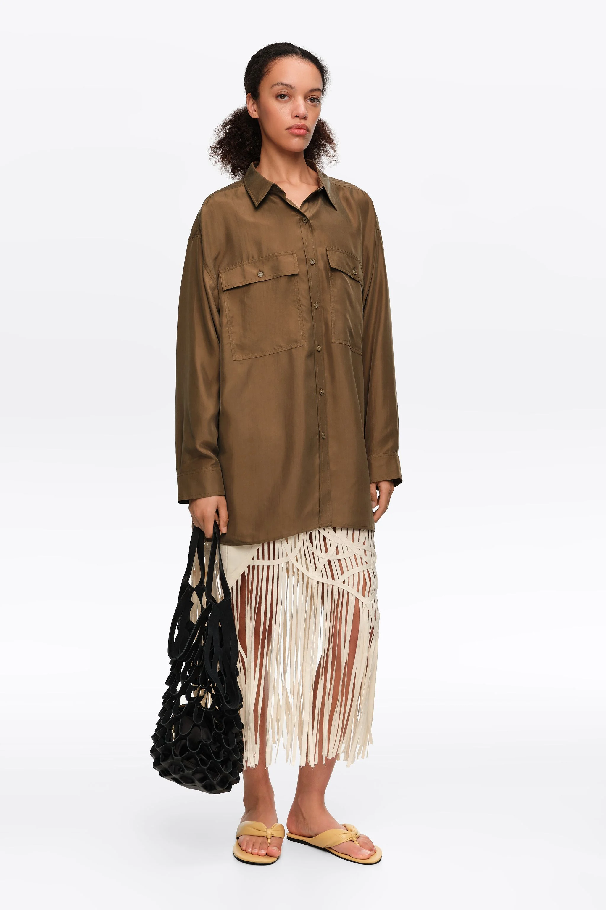 Camisa de seda oversized verde-oliva
