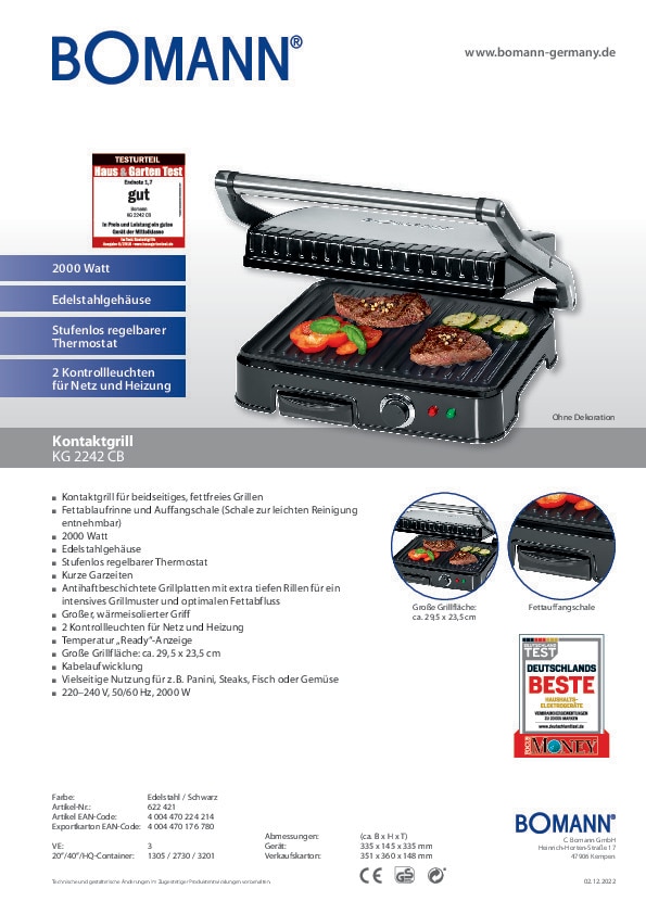 BOMANN Kontaktgrill KG 2242 CB Edelstahlgehäuse, schwarz, 2000 Watt