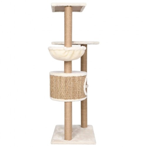 Arranhador para gatos bege com caverna e rede.