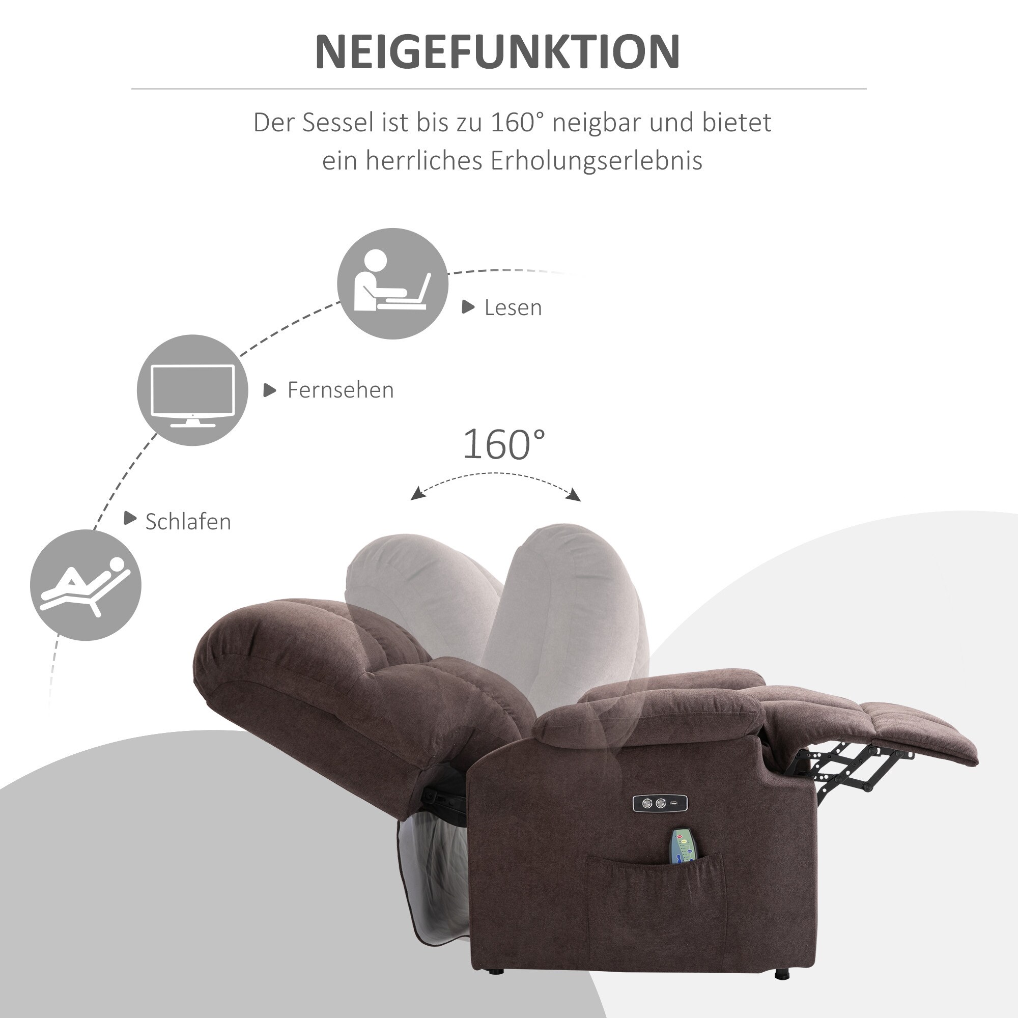 HOMCOM Sessel mit Aufstehhilfe, Liegefunktion und 8 Vibrationsmassagepunkten 83L x 95B x 105H cm