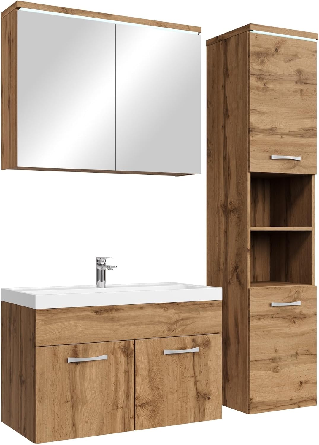 Badplaats Badmöbel Komplettset Paso LED 80 x 40 cm Eiche - Badezimmermöbel mit Waschbecken, Spiegelschrank und Badezimmerschrank