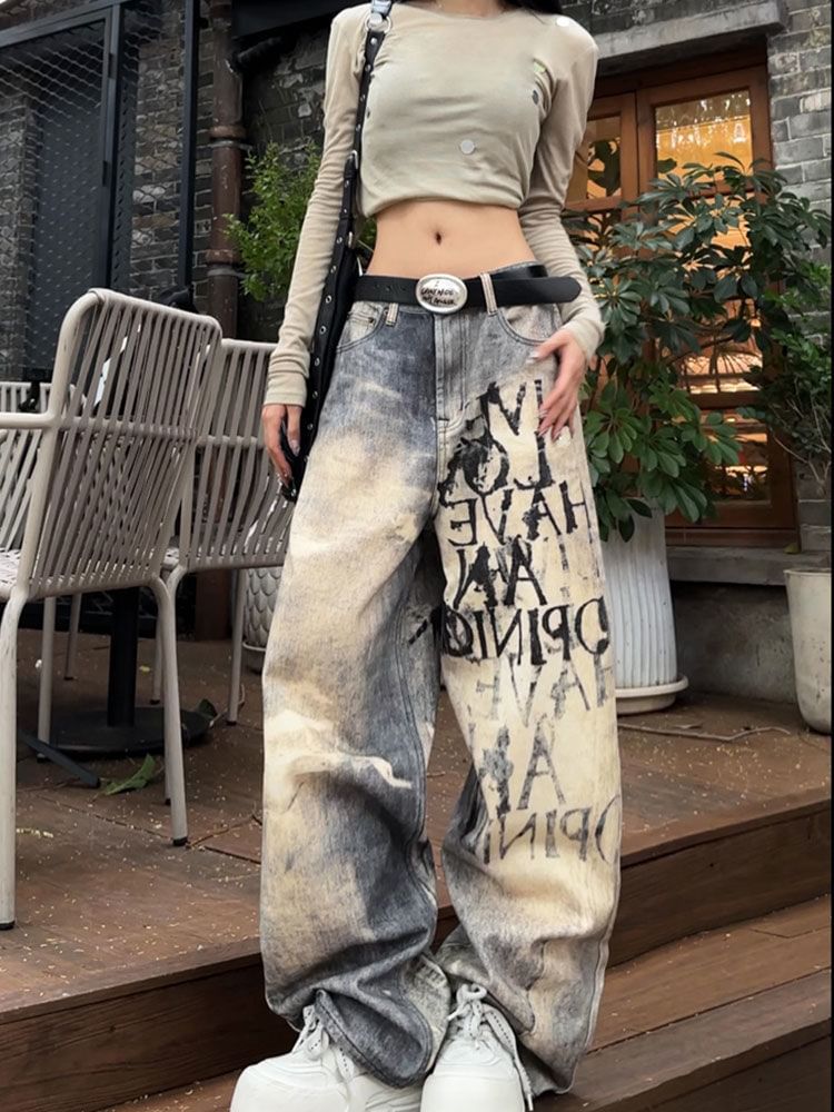 Coline - Mid Waist Lettering Washed Wide Leg Jeans