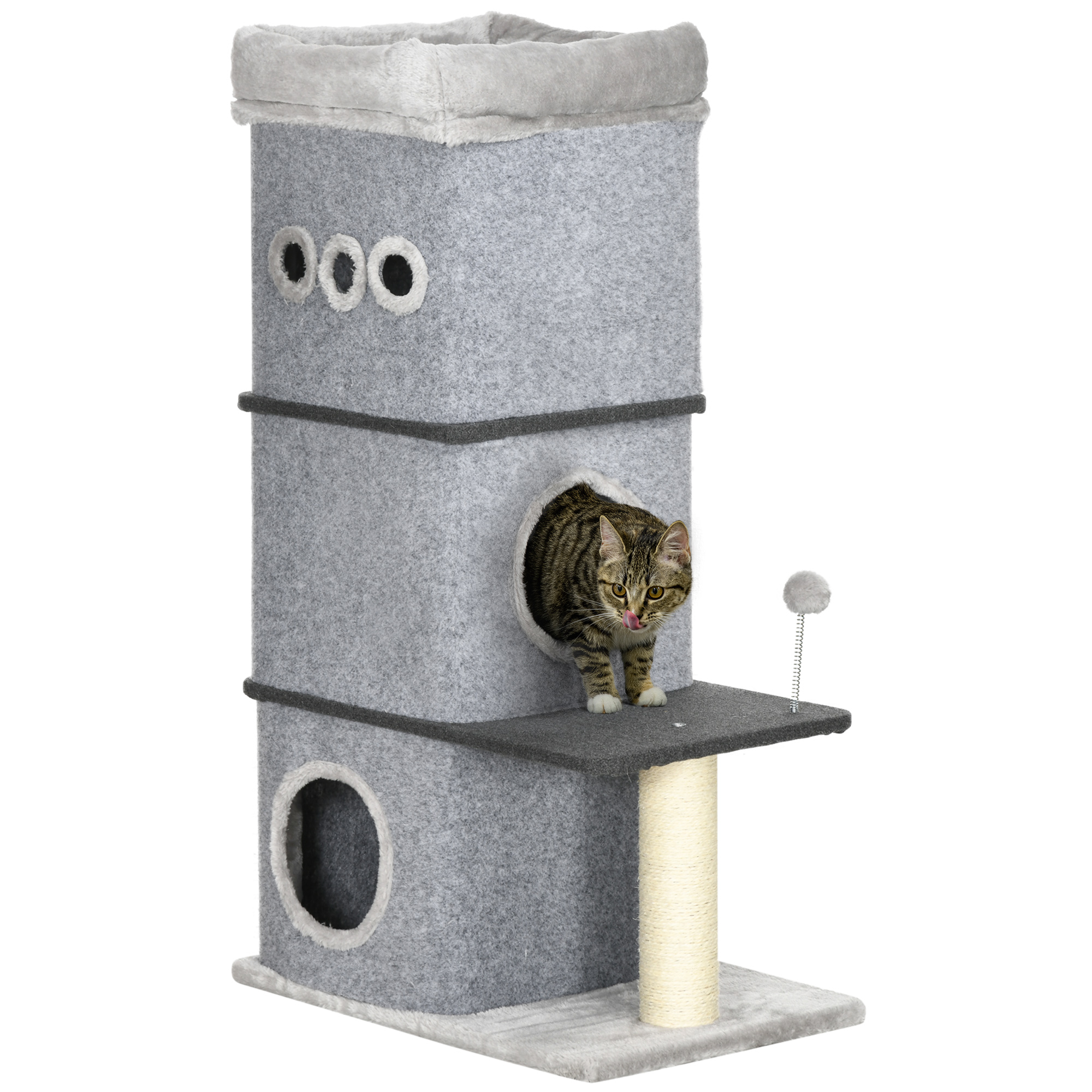 Arranhador de 3 andares PawHut para gatos, 102 cm de altura, torre para gatos com casinha de feltro removível, poste de sisal, cama e bola de brinquedo, 60 x 40 x 102 cm, cinza