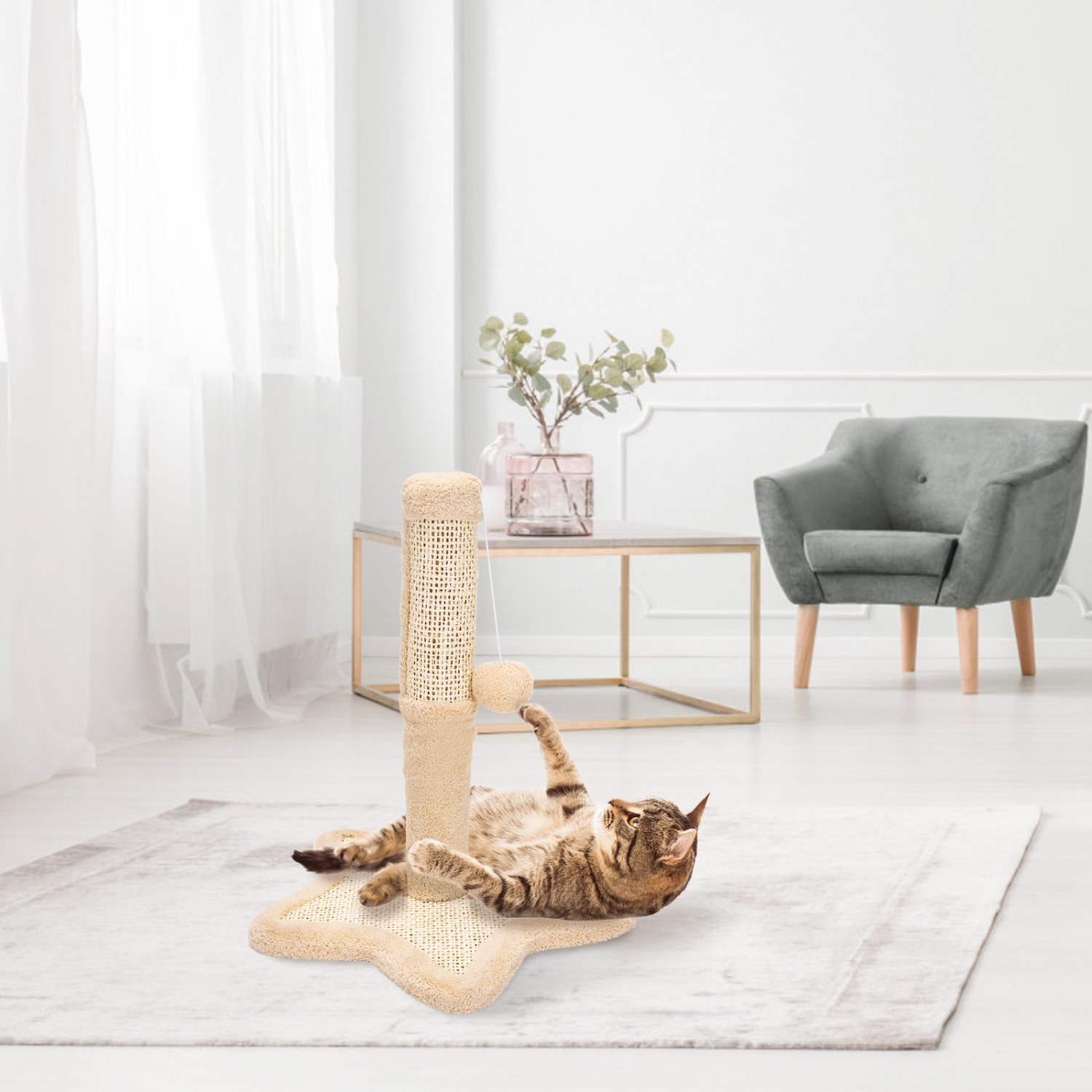 Arranhador para Gatos Nobleza em Sisal Natural com Bola, 33,5 x 33,5 x 38 cm, Bege