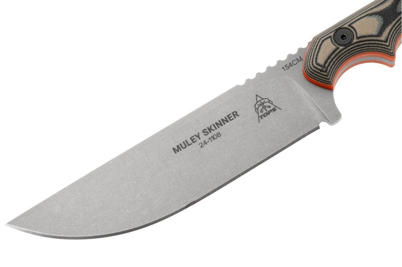 TOPS Knives Muley Skinner MSKIN-01, 154CM Tumble Finish, Tan Black G10, jachtmes, Leo Espinoza design