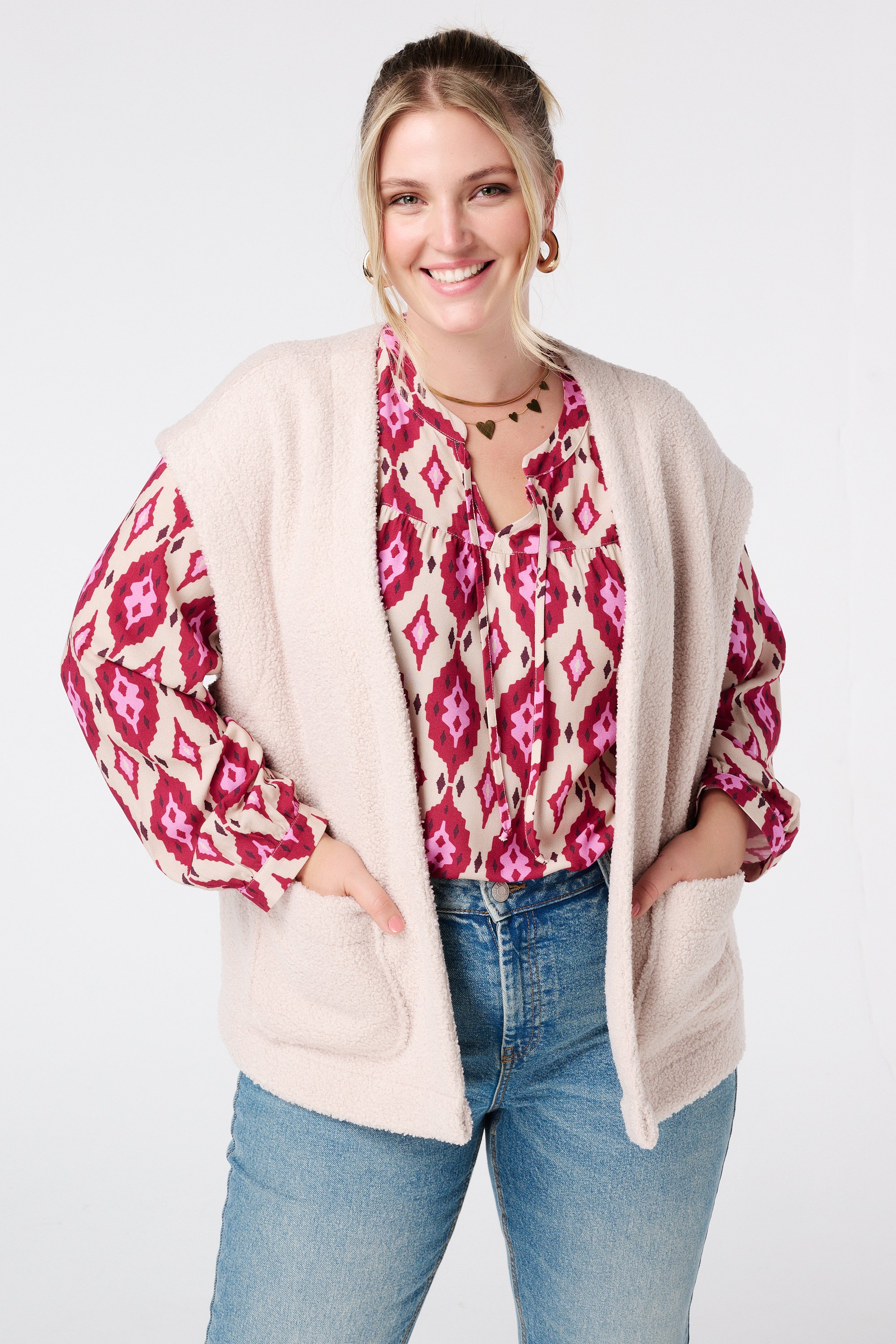 Blouse met print en klosjes Multi Bessen rood