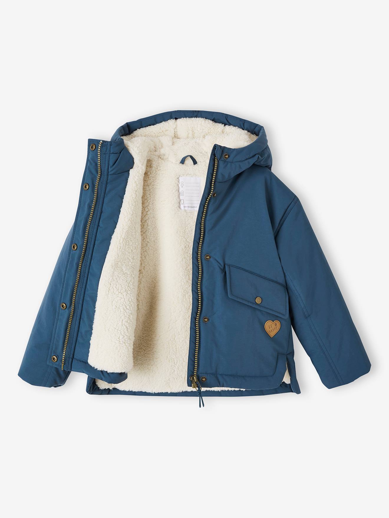 Parka curta com capuz e forro de sherpa para meninas, azul petróleo