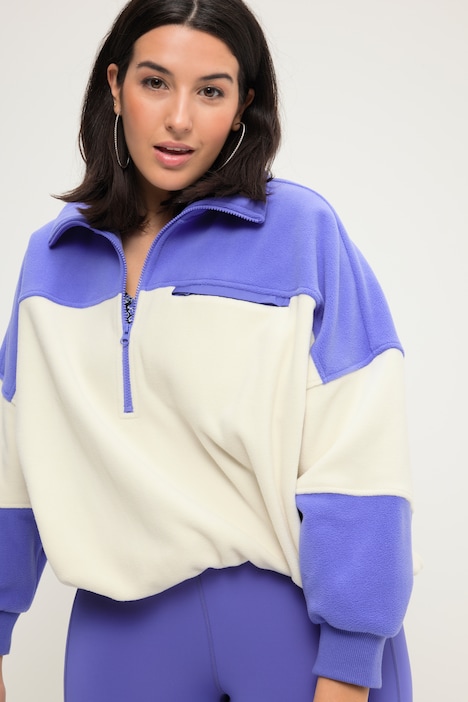 Fleece-Sweater, Boxy Shape, Colorblocking, Stehkragen mit Zipper