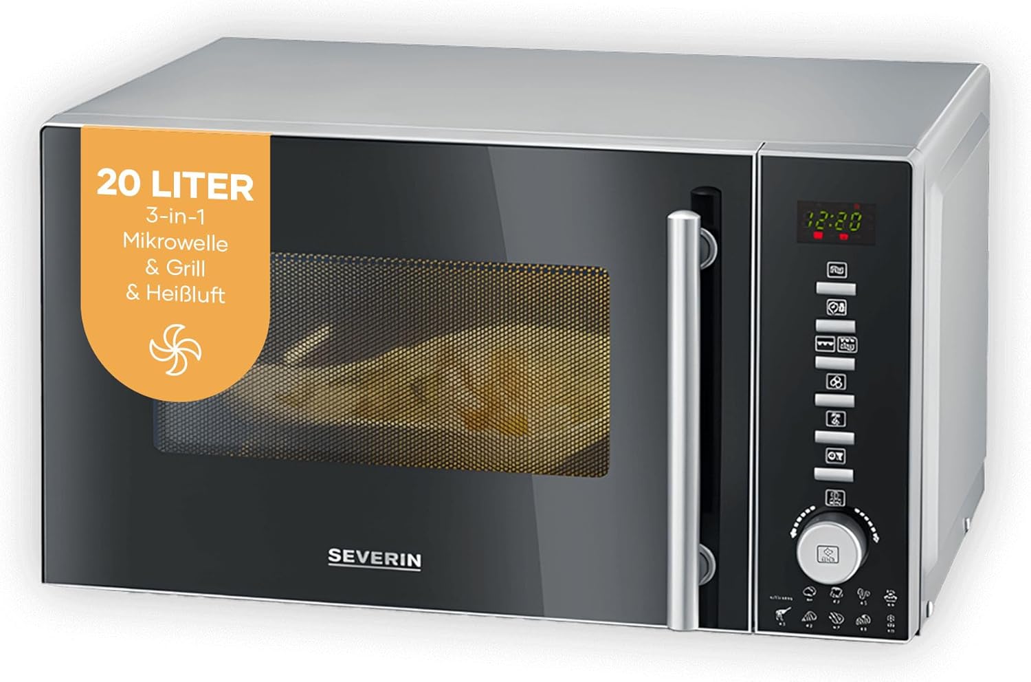 SEVERIN 3-in-1 Mikrowelle mit Grill und Heißluftfunktion, Minibackofen mit 10 Leistungsstufen, multifunktionale Mikrowelle mit Drehteller und Grillrost, schwarz, MW 7773