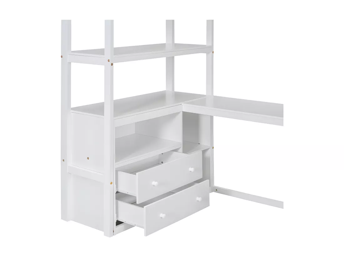 Lit mezzanine 90x200 cm - avec bureau et échelle de rangement - Blanc