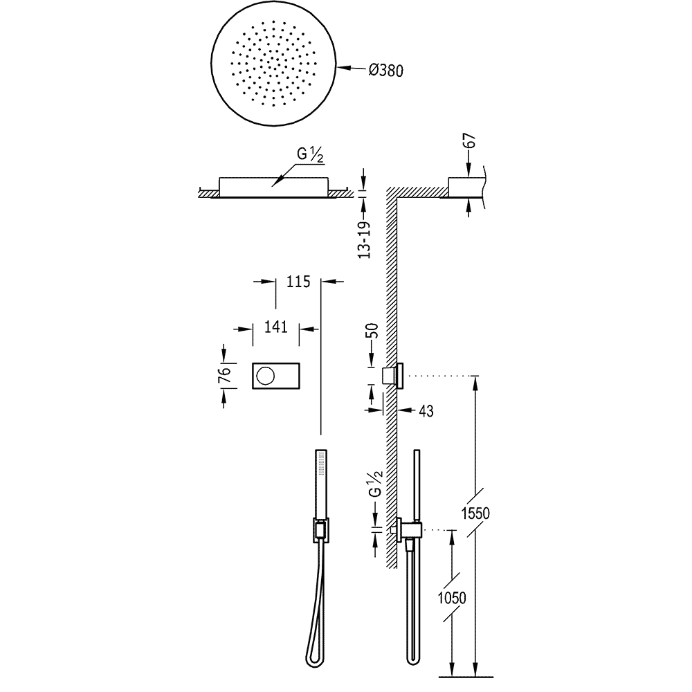 Tres Shower Technology elektronische inbouwthermostaat met regendouche 38cm en handdouche mat zwart