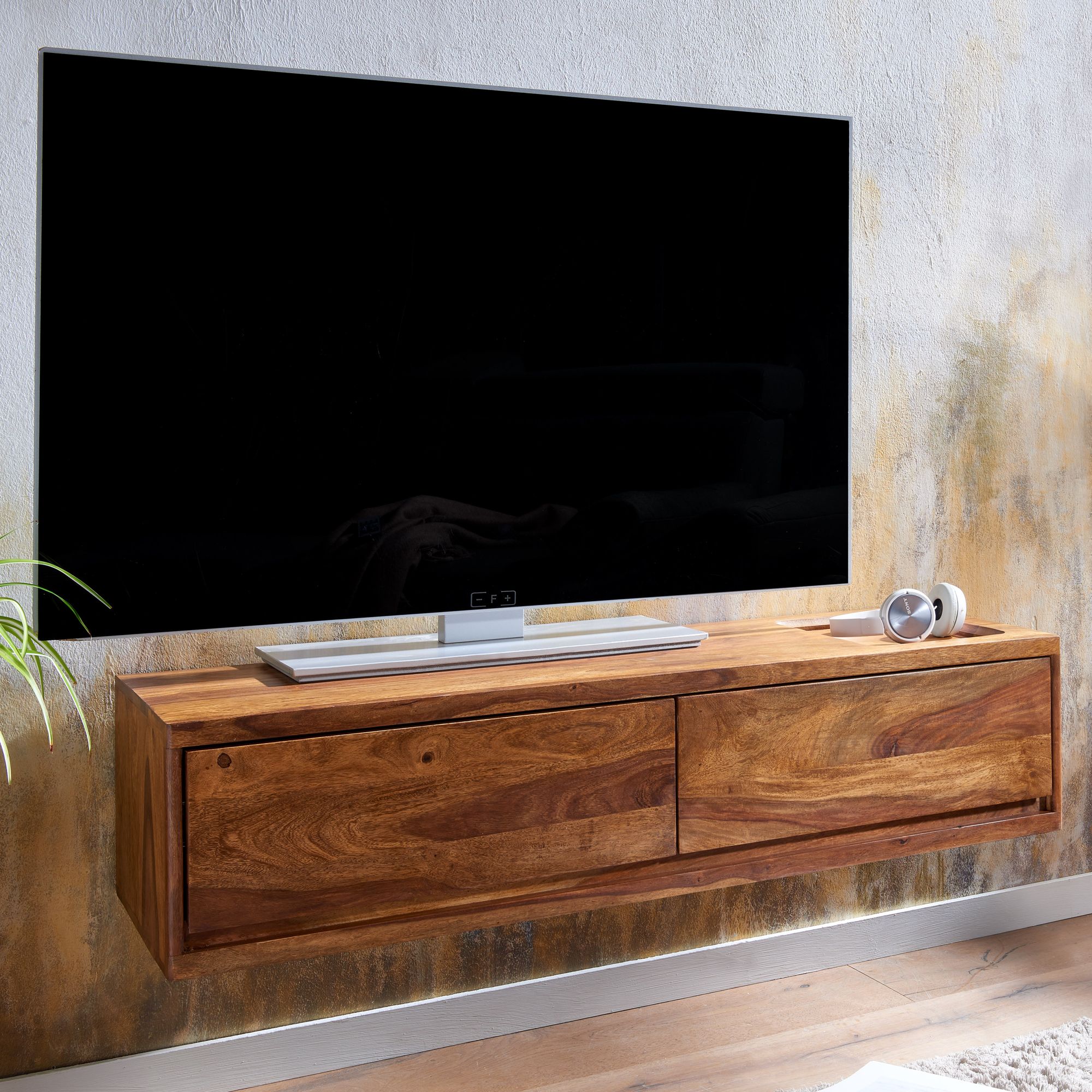 KADIMA DESIGN Massivholz Wand-Lowboard, Hochwertiges TV-Board aus Sheeshamholz, Modernes Design, 2 Schubladen